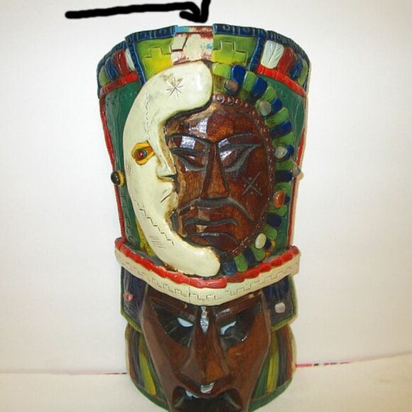 Vtg SUN & MOON Carved Wood TOTEM Native MASK Tiki GEMSTONES Chakra TRIBAL Aztec - Picture 2 of 12